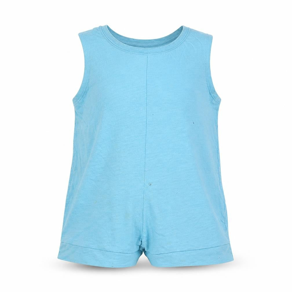 Front view of Matalan girls’ blue cotton basic tank, size 12-13, years round neck