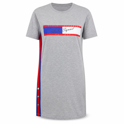 Front view of Select women’s grey cotton t-shirt dress, size UK 8, round neck - babe squad still figuring it out