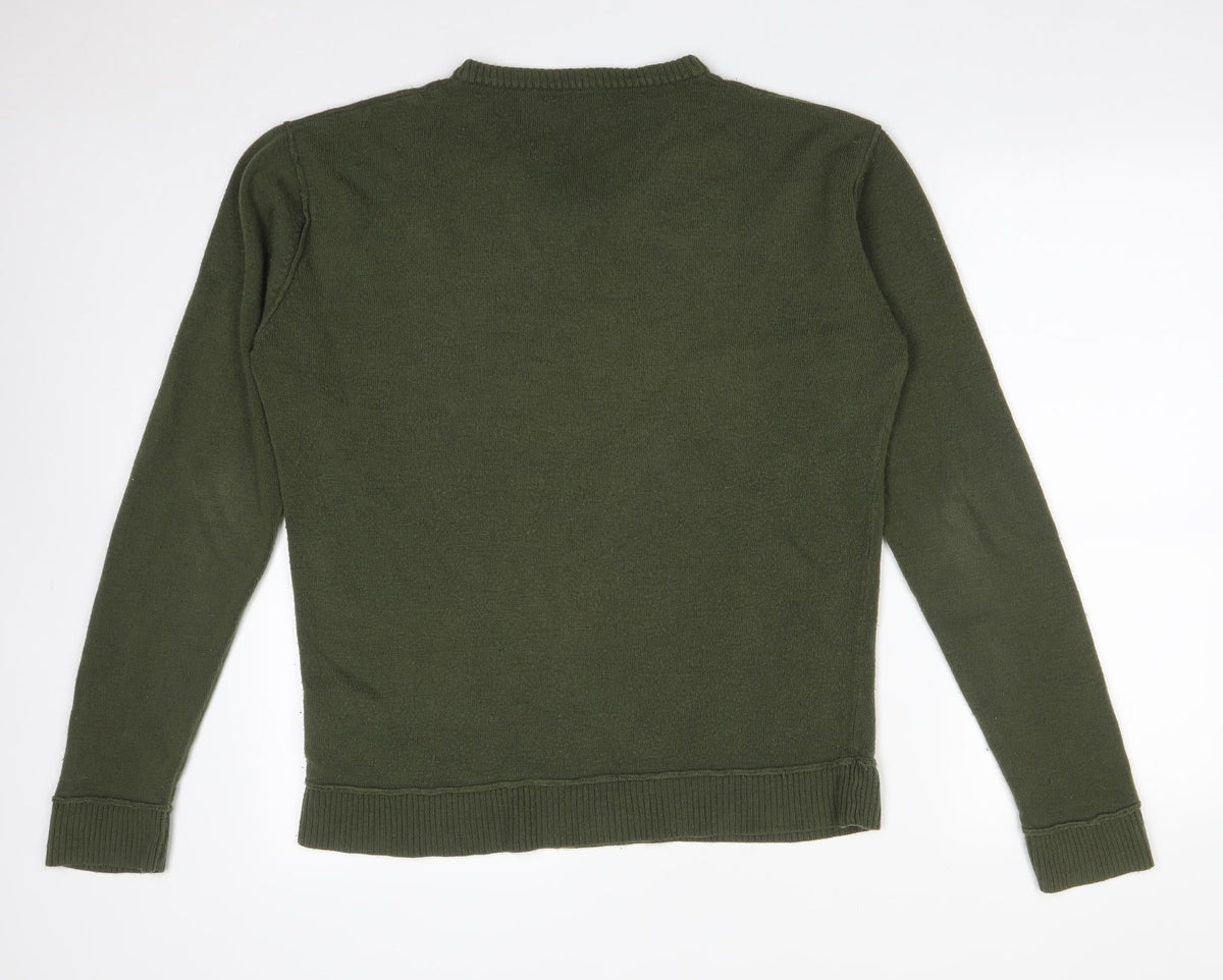 Back view of SIMON CLARK men’s green acrylic pullover sweatshirt, size L