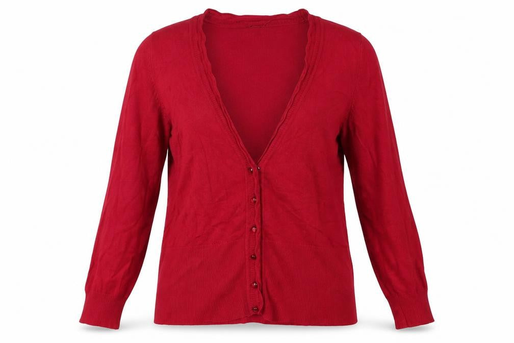 Front view of Linea women’s pink round neck viscose cardigan jumper, size L