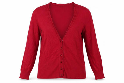 Front view of Linea women’s pink round neck viscose cardigan jumper, size L