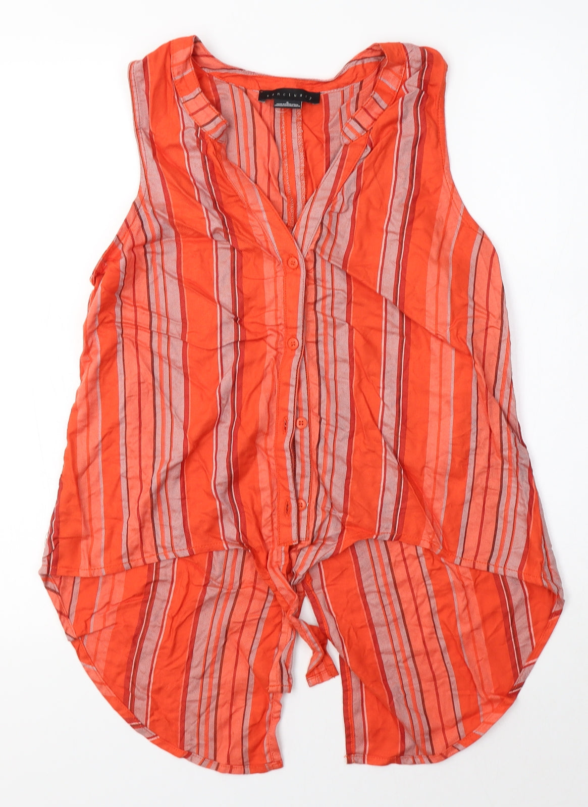 Additional front view of Sanctuary women’s orange striped viscose basic blouse, size S, v-neck