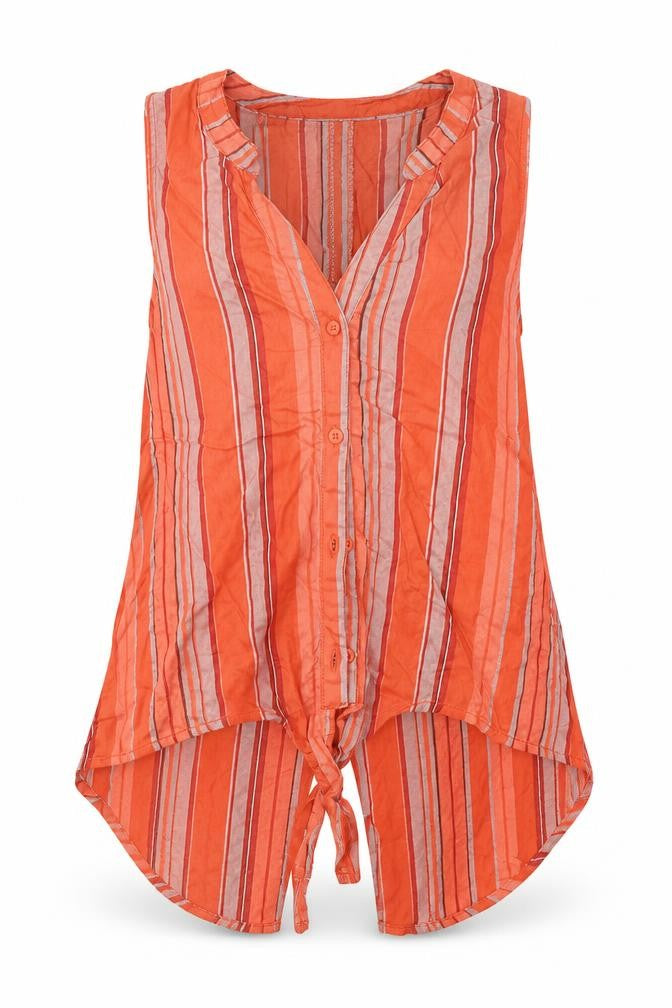 Front view of Sanctuary women’s orange striped viscose basic blouse, size S, v-neck