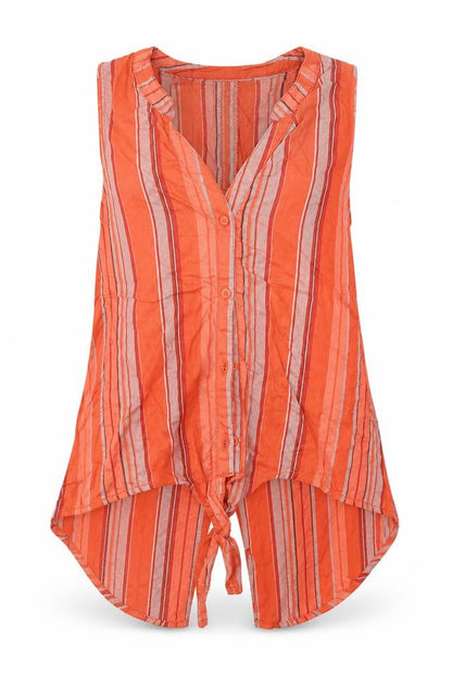 Front view of Sanctuary women’s orange striped viscose basic blouse, size S, v-neck
