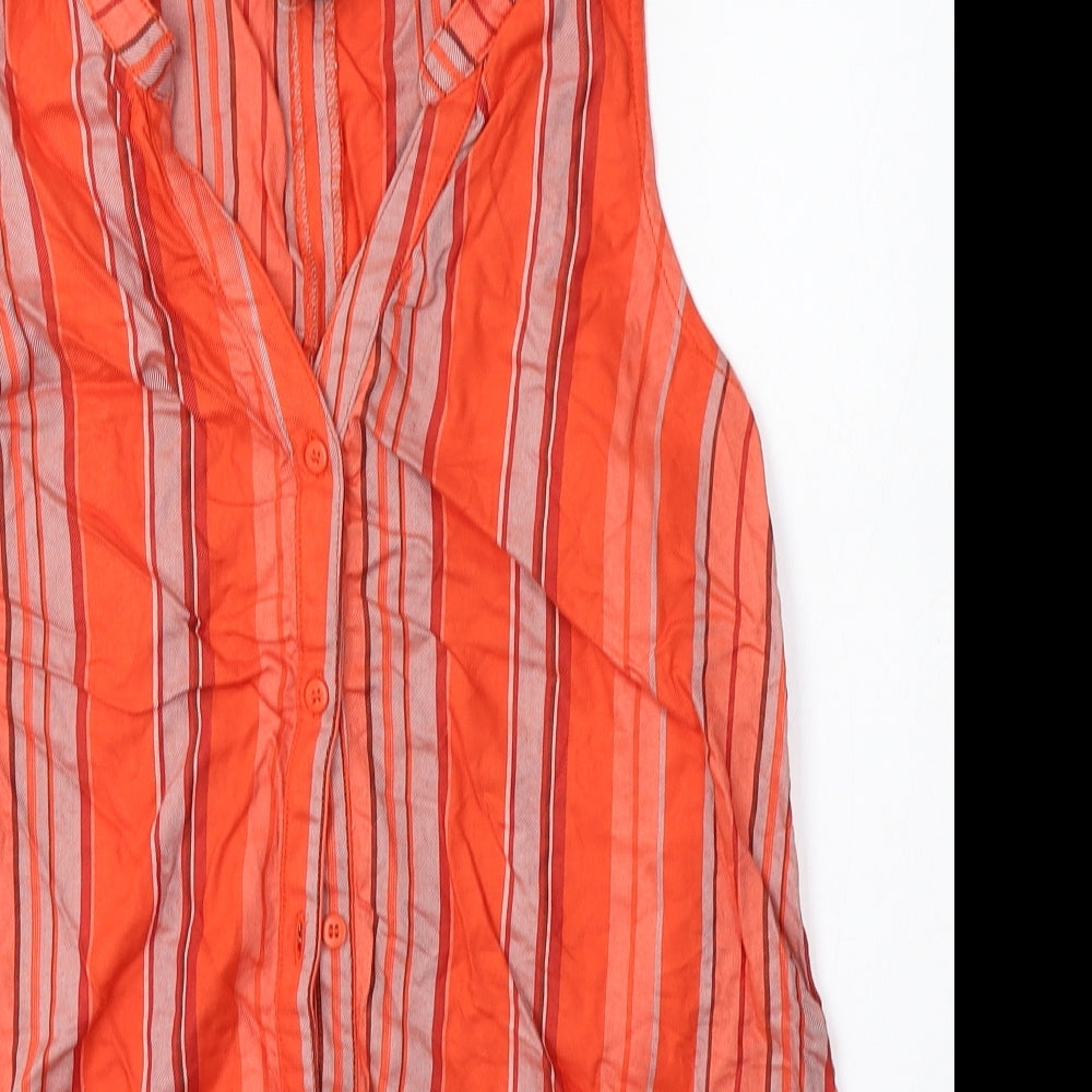Close-up detail of Sanctuary women’s orange striped viscose basic blouse, size S, v-neck