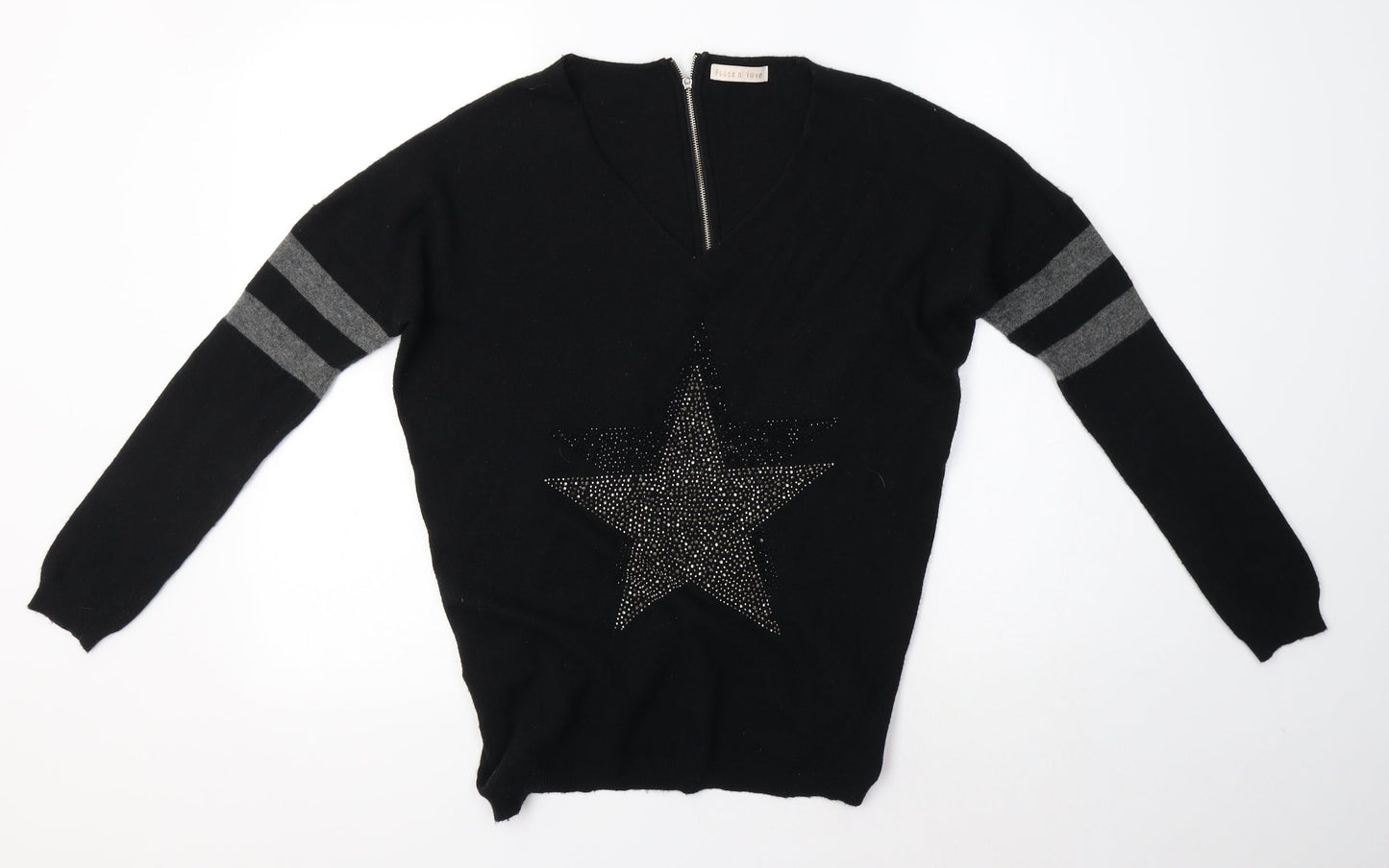 Peace and Love Womens Black Round Neck  Nylon Pullover Jumper Size M