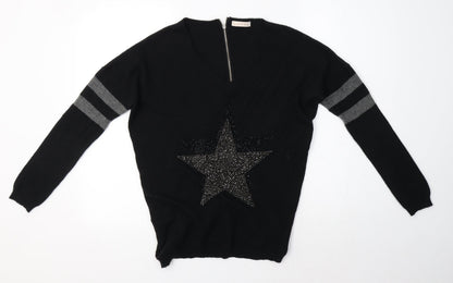 Peace and Love Womens Black Round Neck  Nylon Pullover Jumper Size M