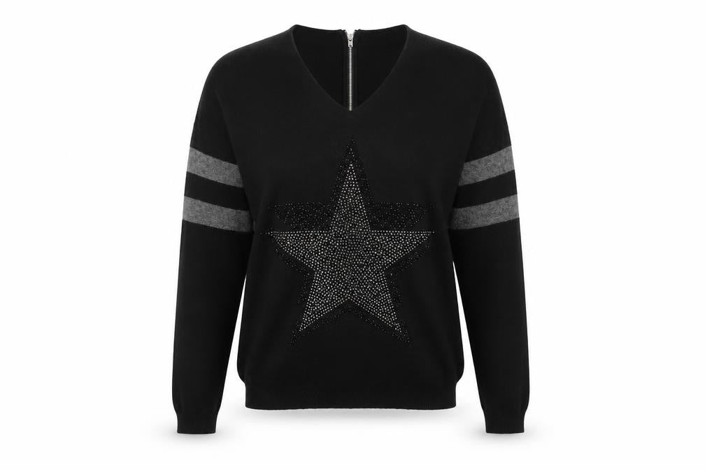 Front view of Peace and Love women’s black round neck nylon jumper, size M