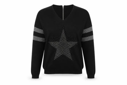 Front view of Peace and Love women’s black round neck nylon jumper, size M