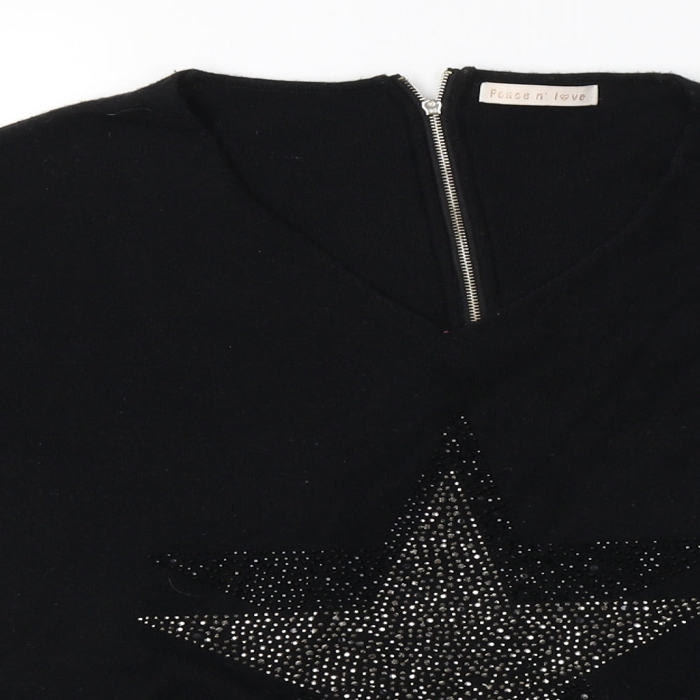 Peace and Love Womens Black Round Neck  Nylon Pullover Jumper Size M