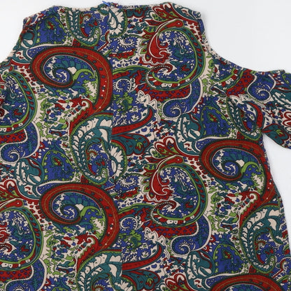 Boohoo Womens Multicoloured Paisley Cotton Tunic Blouse Size 8 Round Neck - Cold Shoulder