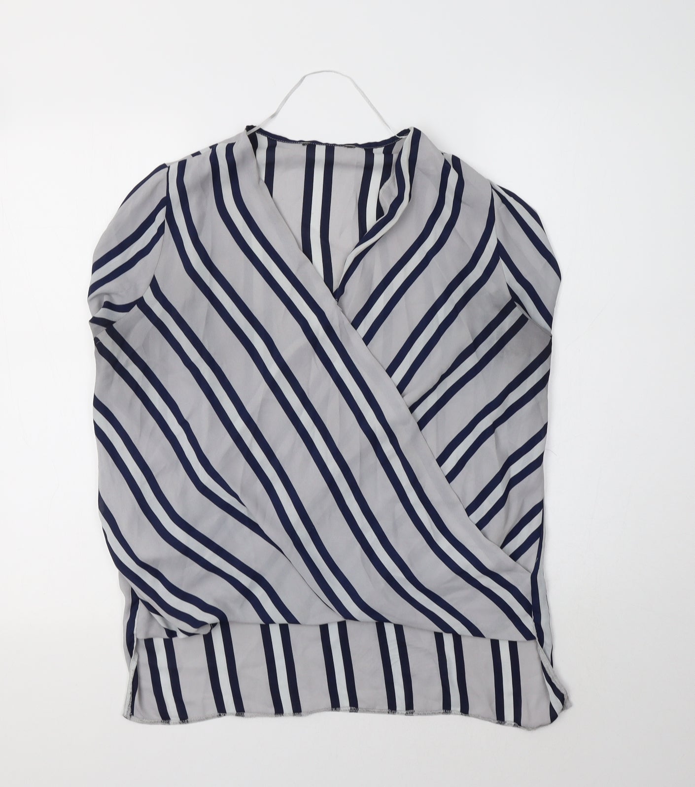 Primark Womens Grey Striped Polyester Basic Blouse Size 12 V-Neck