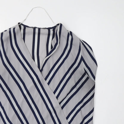 Primark Womens Grey Striped Polyester Basic Blouse Size 12 V-Neck