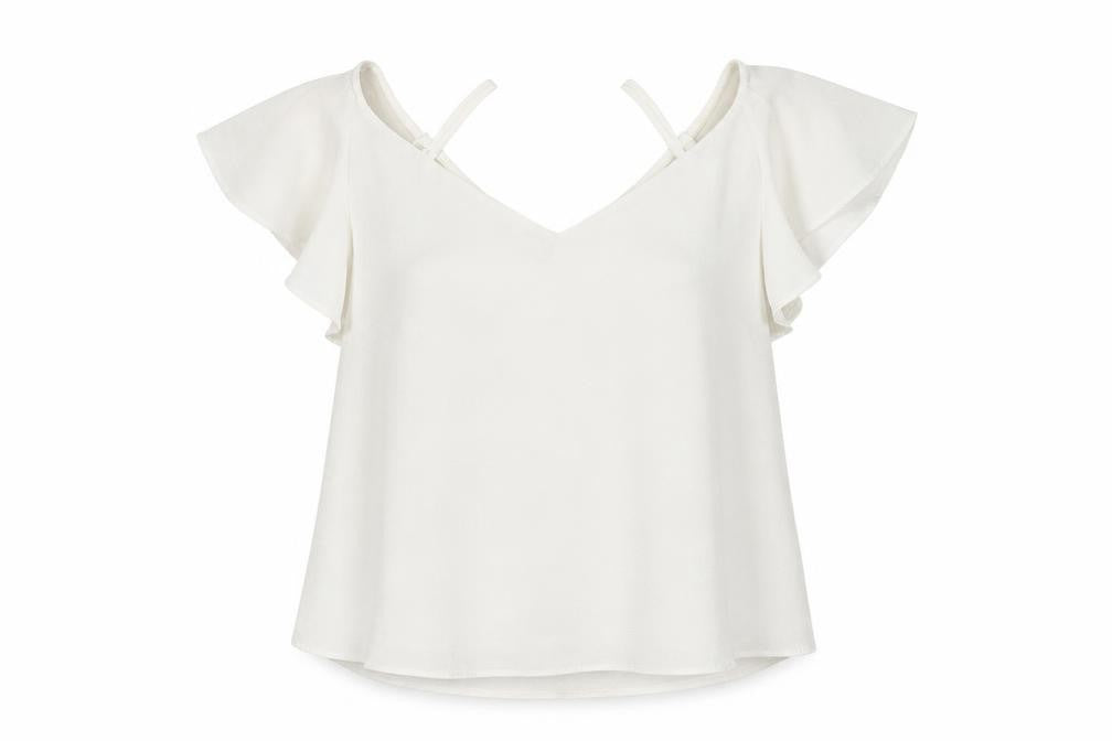 Front view of River Islamd women’s ivory polyester basic blouse, size UK 12, v-neck