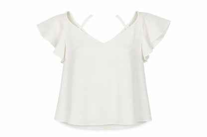 Front view of River Islamd women’s ivory polyester basic blouse, size UK 12, v-neck