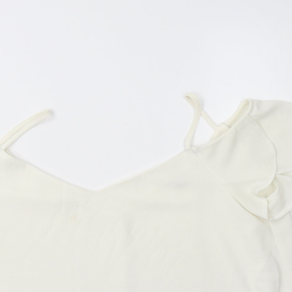 Close-up detail of River Islamd women’s ivory polyester basic blouse, size UK 12, v-neck