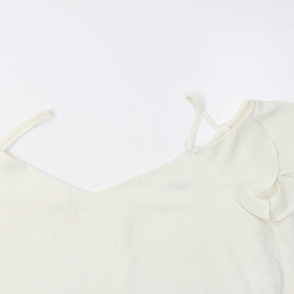 Close-up detail of River Islamd women’s ivory polyester basic blouse, size UK 12, v-neck