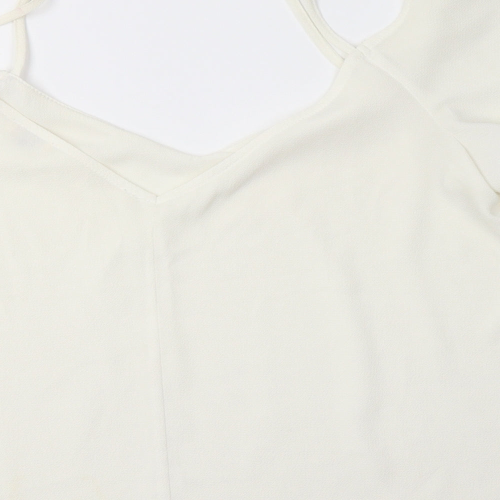 Brand and care label for River Islamd women’s ivory polyester basic blouse, size UK 12, v-neck