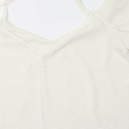 Brand and care label for River Islamd women’s ivory polyester basic blouse, size UK 12, v-neck