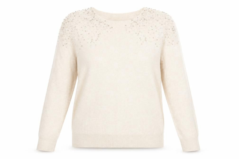 Front view of Wallis women’s orange round neck viscose jumper, size S, - pale peach detailed shoulders