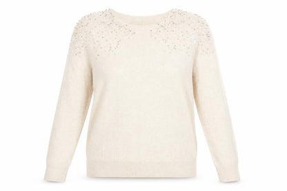 Front view of Wallis women’s orange round neck viscose jumper, size S, - pale peach detailed shoulders