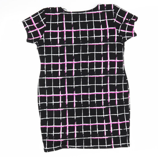 Select Womens Black Check Polyester Bodycon  Size 14  Round Neck  - Florescent Pink Black White