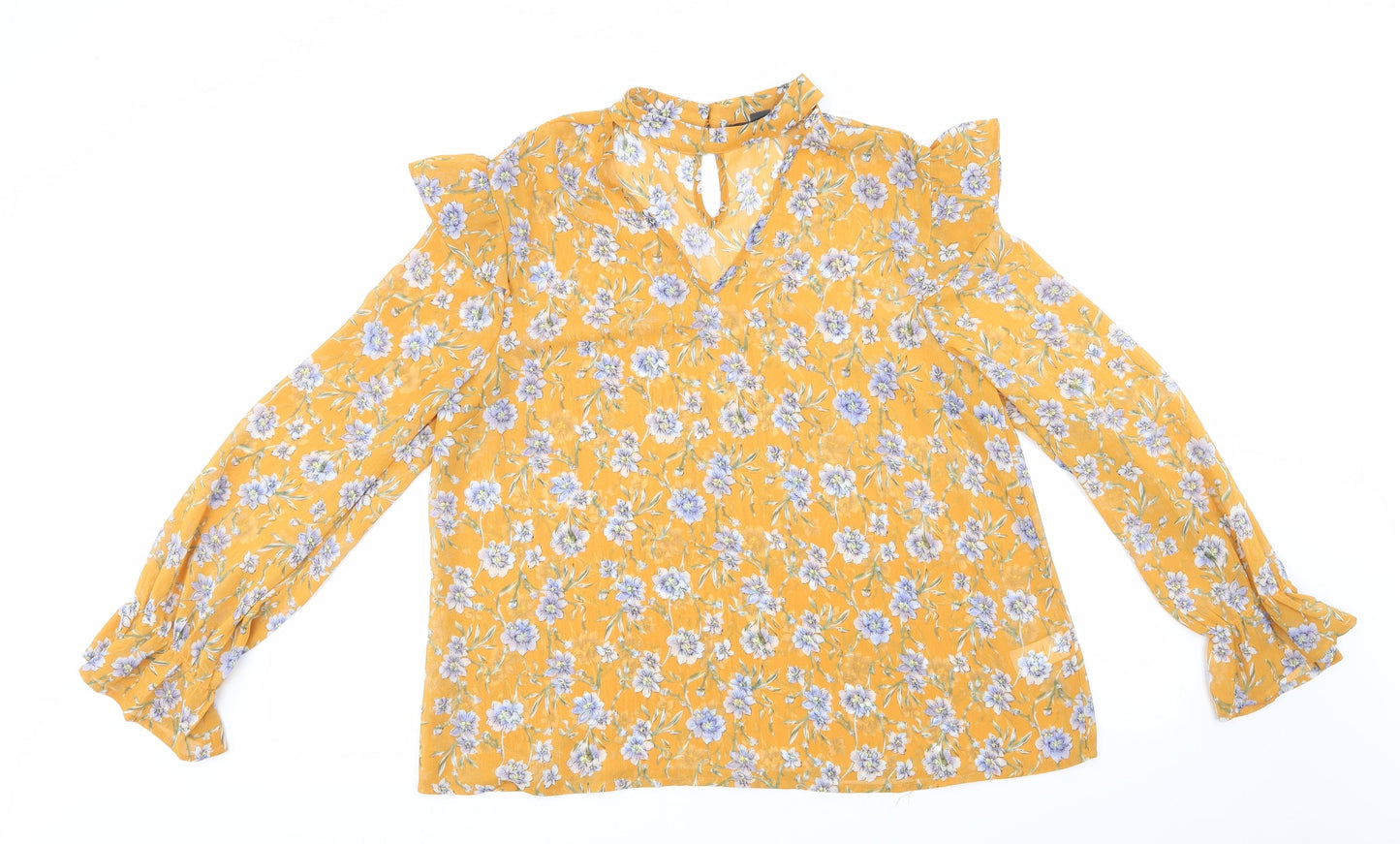 Primark Womens Gold Floral Polyester Basic Blouse Size 14 High Neck - Choker Neck Blue White Flowers Frilled Shoulders and Elasticated Cuffs