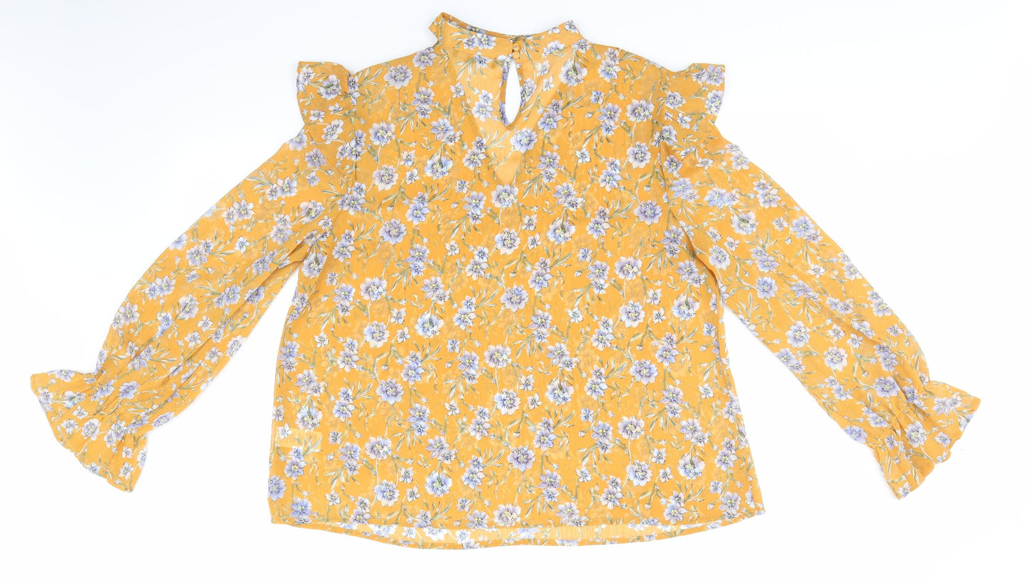 Primark Womens Gold Floral Polyester Basic Blouse Size 14 High Neck - Choker Neck Blue White Flowers Frilled Shoulders and Elasticated Cuffs
