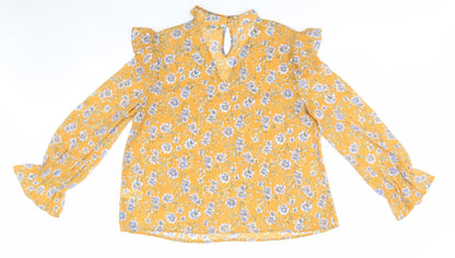 Primark Womens Gold Floral Polyester Basic Blouse Size 14 High Neck - Choker Neck Blue White Flowers Frilled Shoulders and Elasticated Cuffs
