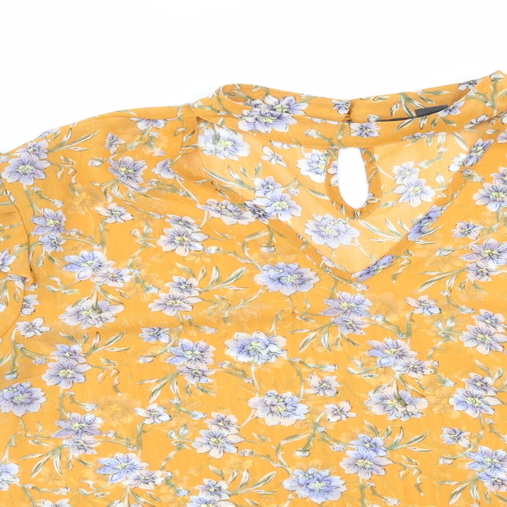 Primark Womens Gold Floral Polyester Basic Blouse Size 14 High Neck - Choker Neck Blue White Flowers Frilled Shoulders and Elasticated Cuffs