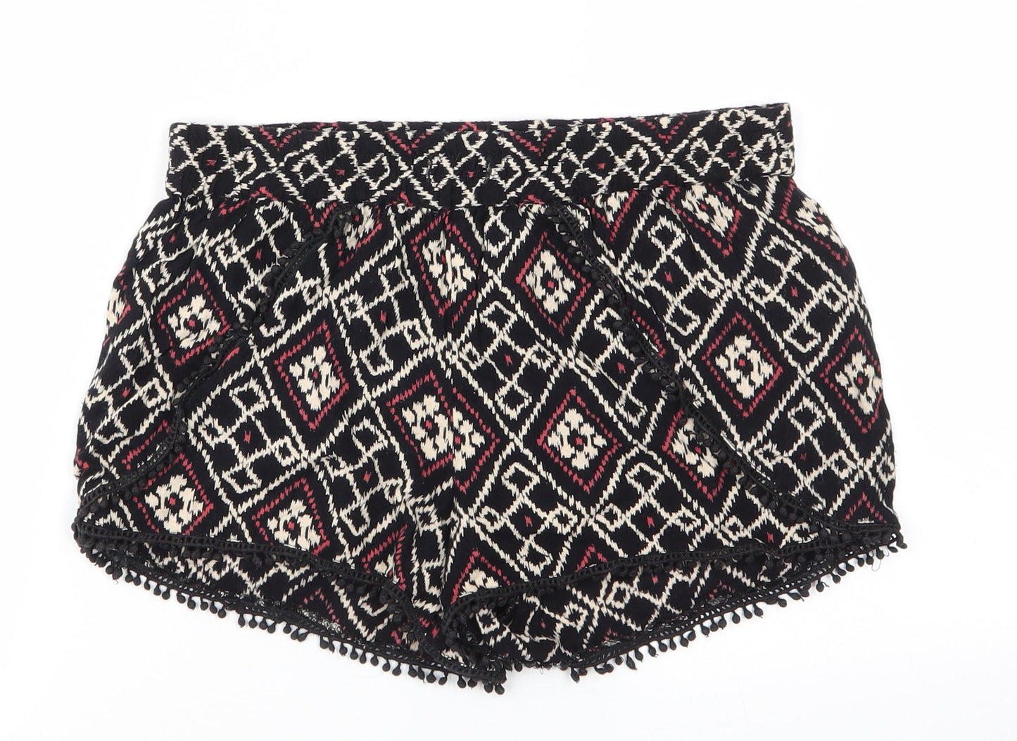Atmosphere Womens Black Geometric Viscose Paperbag Shorts Size 8  Regular  - Tassle like Trim to pockets & hem