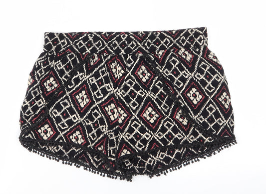 Atmosphere Womens Black Geometric Viscose Paperbag Shorts Size 8  Regular  - Tassle like Trim to pockets & hem