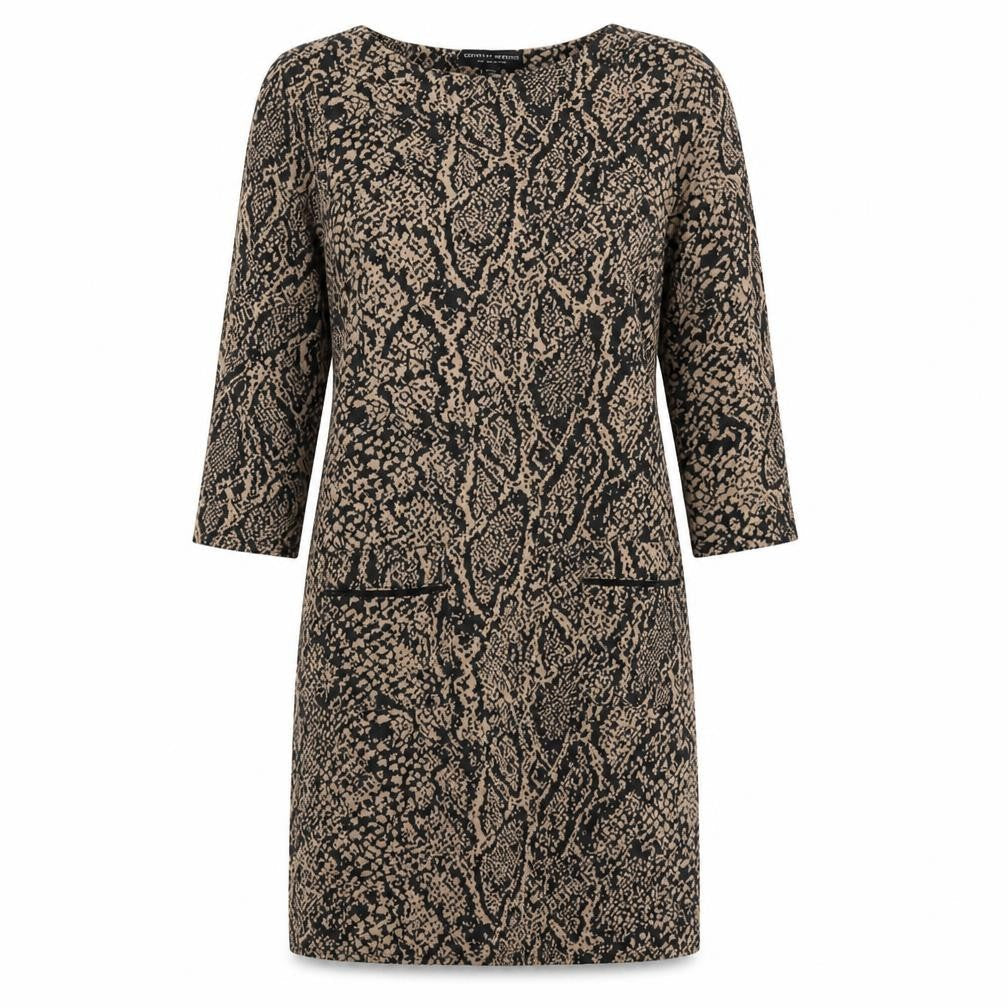 Front view of Dorothy Perkins women’s multicoloured animal print polyester a-line, size UK 12, round neck
