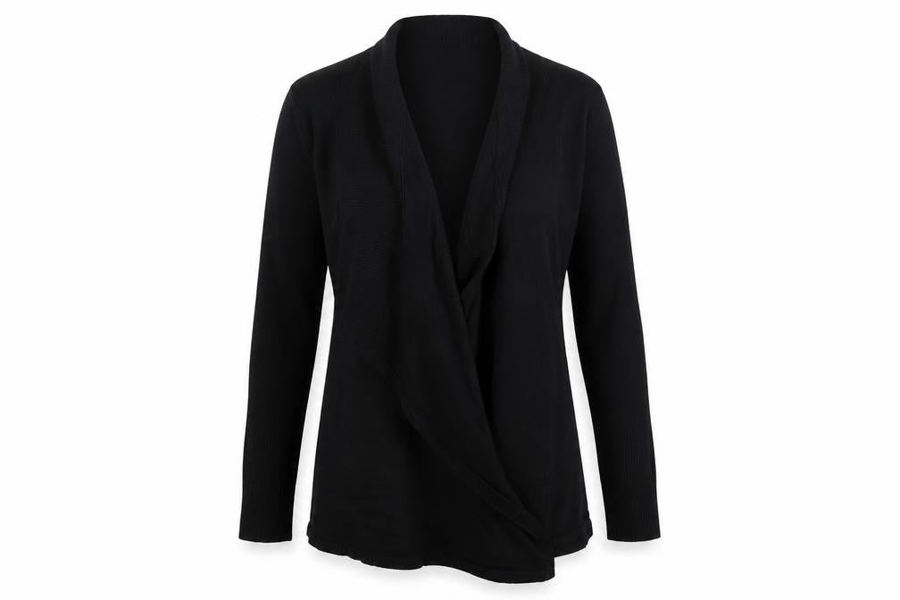 Front view of M&Co women’s black v-neck viscose cardigan jumper, size M