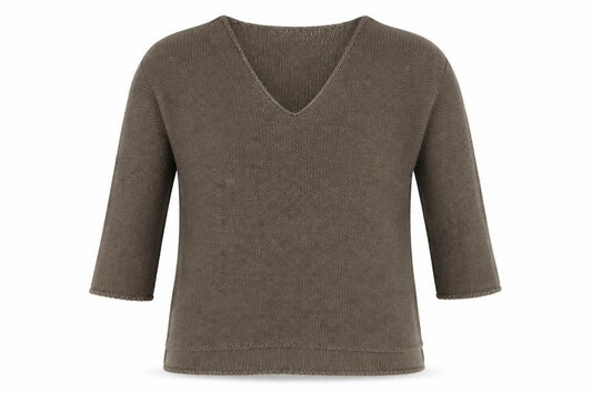 Front view of Papaya women’s green v-neck acrylic jumper, size UK 8
