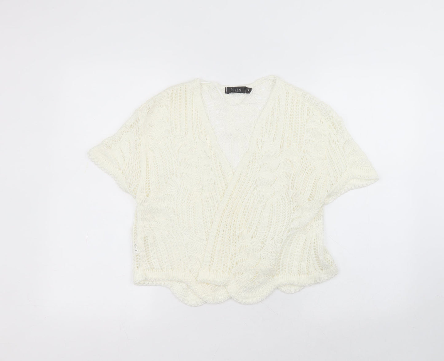 elite Womens White V-Neck  Acrylic Cardigan Jumper Size M