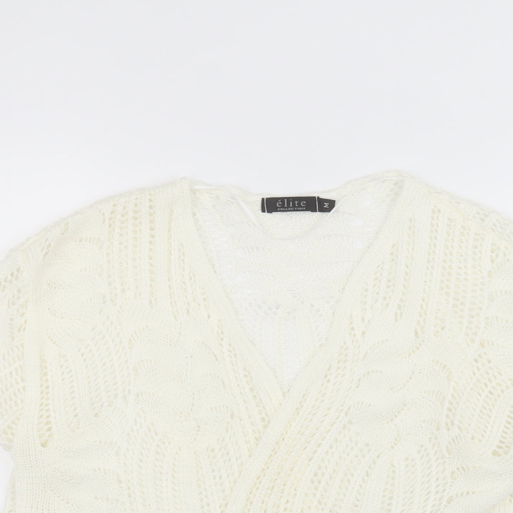 elite Womens White V-Neck  Acrylic Cardigan Jumper Size M