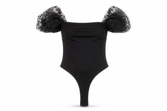 Front view of Miss Selfridge women’s black polyester bodysuit one-piece, size UK 4