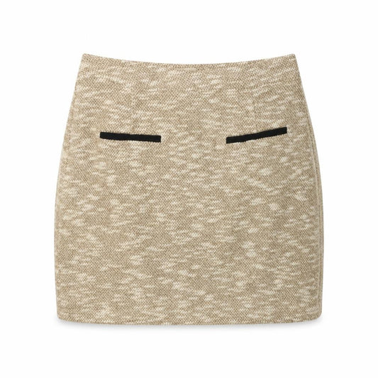 Front view of Miss Patina women’s beige acrylic mini skirt, size L