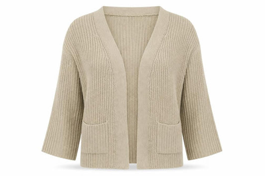 Front view of ASOS women’s beige v-neck acrylic cardigan jumper, size S