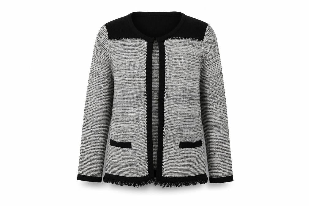 Front view of F&F women’s grey crew neck acrylic cardigan jumper, size UK 14