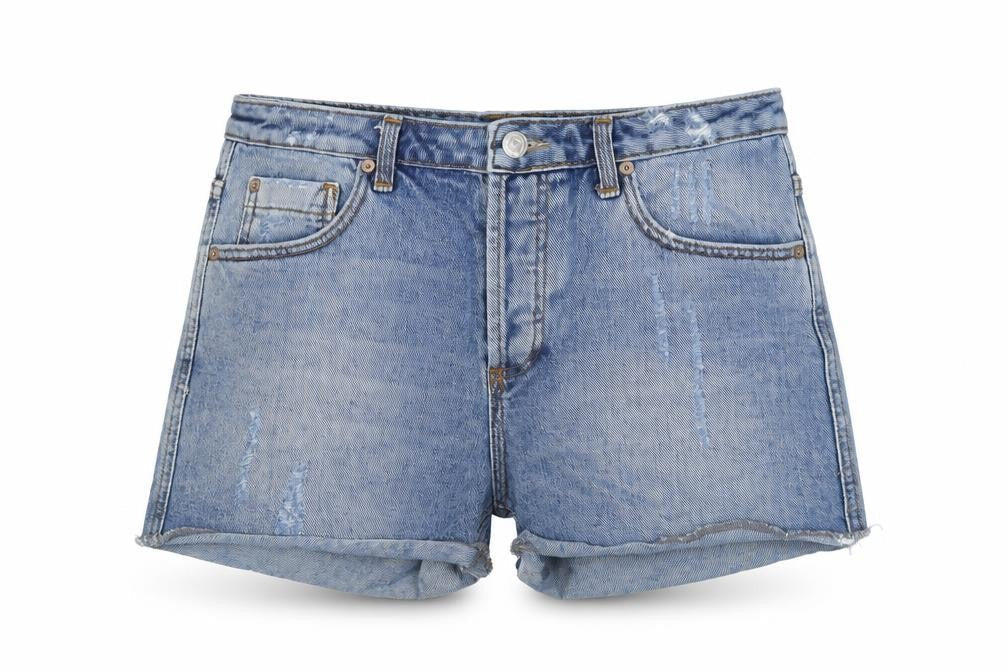 Front view of Topshop women’s blue cotton cut-off shorts, size UK 28, in, 3-inch leg regular