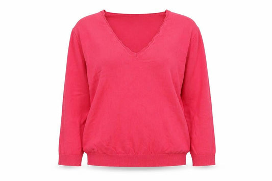 Front view of Marks & Spencer women’s pink v-neck viscose jumper, size UK 12