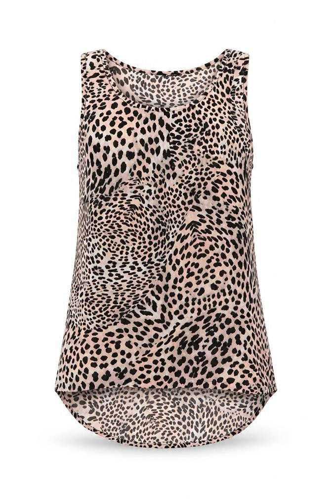 Front view of Atmosphere women’s pink animal print basic button-up, round neck - pale peach green shades black print