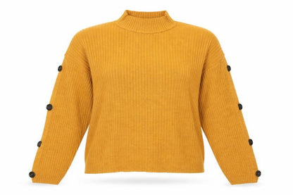 Front view of Primark women’s gold high neck acrylic jumper, size XL, - buttons down arms soft texture