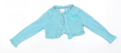 MW Butterfly Girl Girls Blue Round Neck Floral Cotton Cardigan Jumper Size 5-6 Years   - Faux Flower - Turquoise