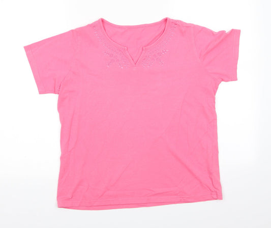 EWM Womens Pink Floral Cotton Basic T-Shirt  Round Neck - Embroidery around neck