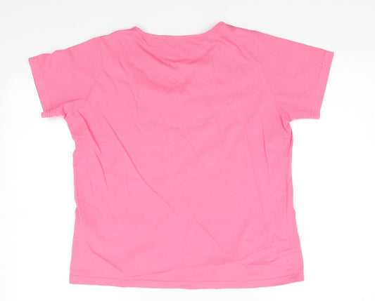 EWM Womens Pink Floral Cotton Basic T-Shirt  Round Neck - Embroidery around neck