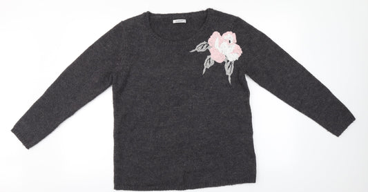 Damart Womens Grey Round Neck Floral Acrylic Pullover Jumper Size 14