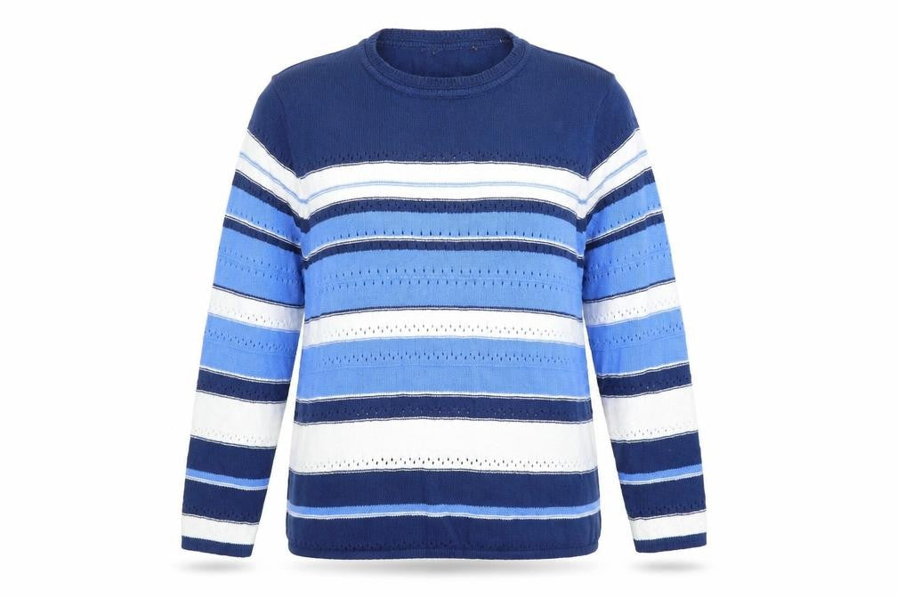 Front view of women’s multicoloured striped cotton pullover sweatshirt, size L